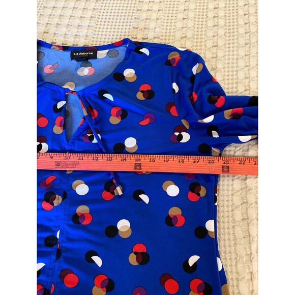 Liz Claiborne Blouse Size Large Top Blue Pattern 3/4 Sleeves Tie Neck Stretch - Picture 10 of 11